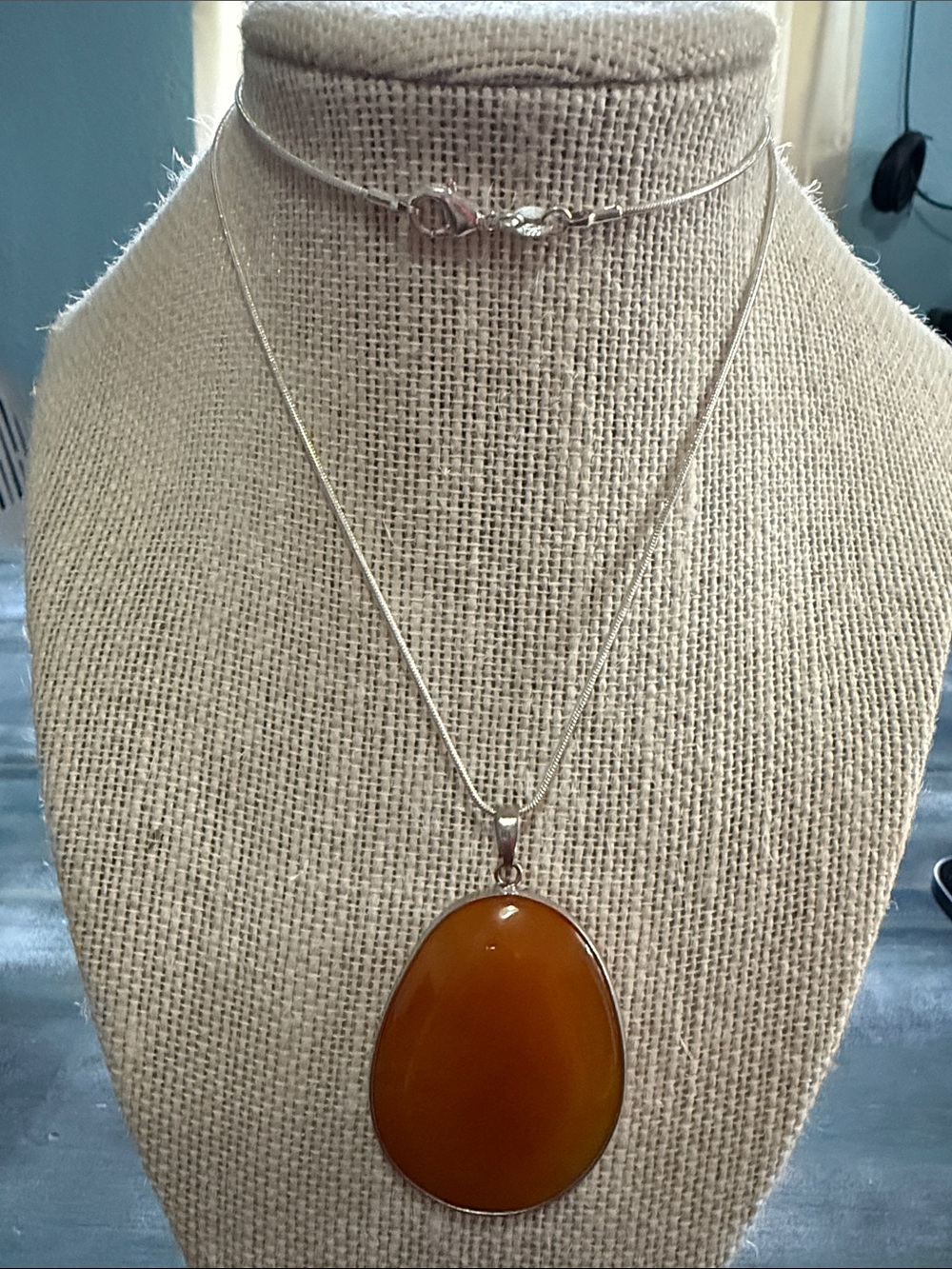 925 Sterling Silver Necklace with a Double sided Carnelian Gemstone Pendant
